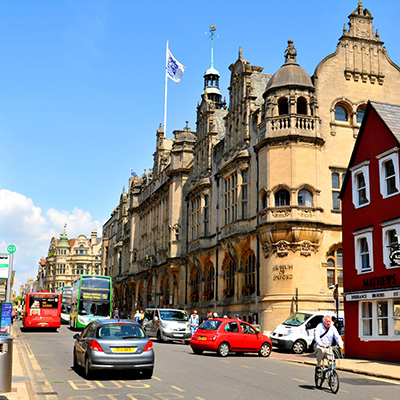 Oxford city centre with man on bike