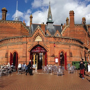 Wokingham town centre with cafe outside