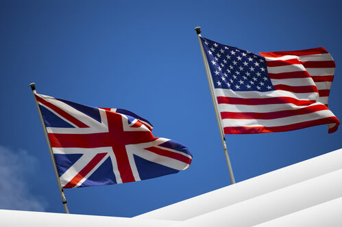Flags on blue sky background of UK and UK