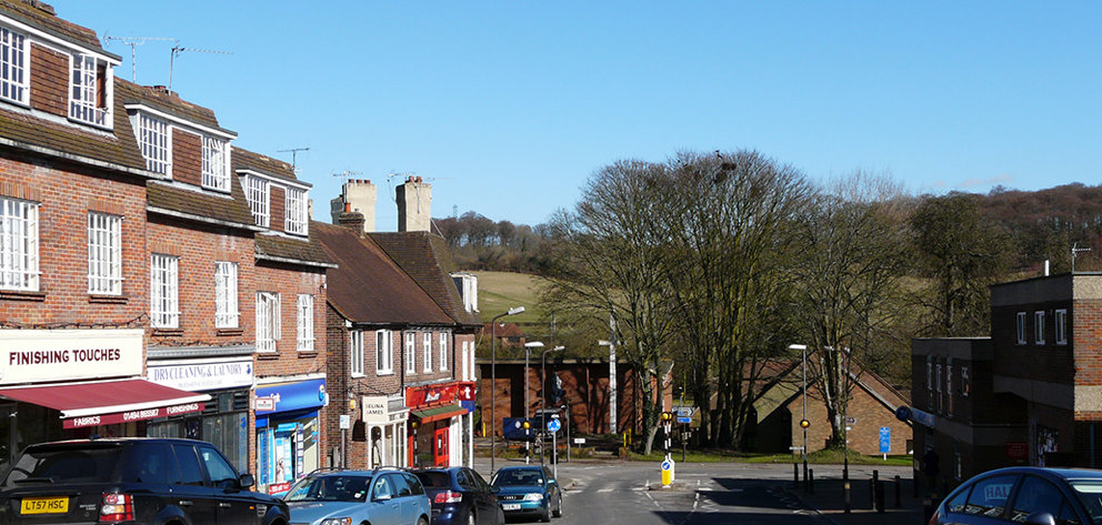 Great Missenden looking toward chiltern hills and shops