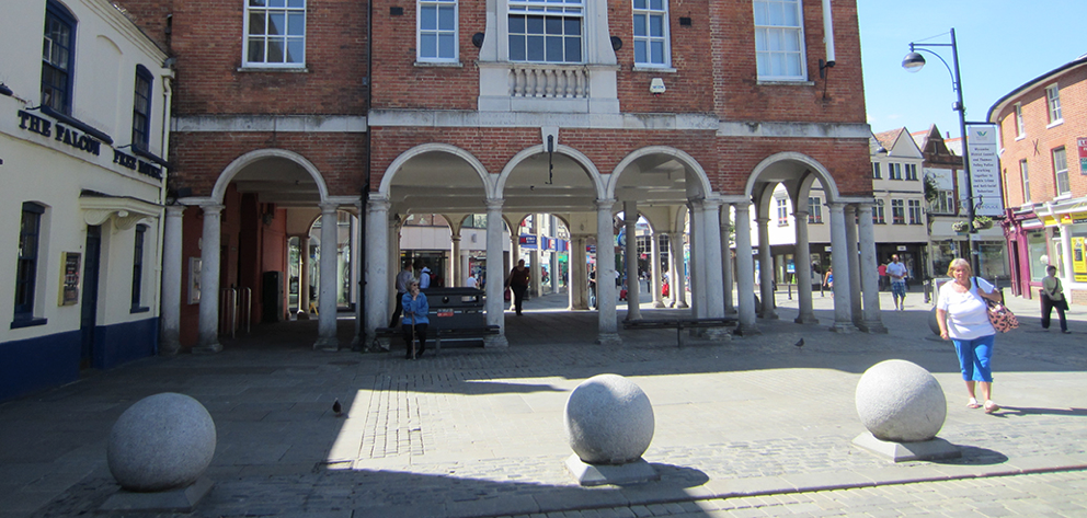 High Wycombe town centre looking at the market square with the falcon pub