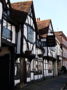 Old Amersham kings arms hotel building with beams and blue sky